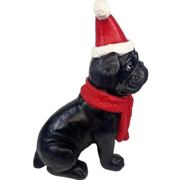 Black Pug Dog Statue Santa Hat Scarf Christmas Hand Painted Figurine 14” Tall - Picture 8 of 9